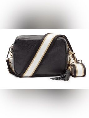 Elie Beaumont Black Leather Crossbody with White & Gold Detachable Strap